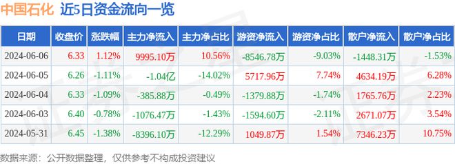 中国石化（600028）6月6日主力资金净买入999510万元(图1)